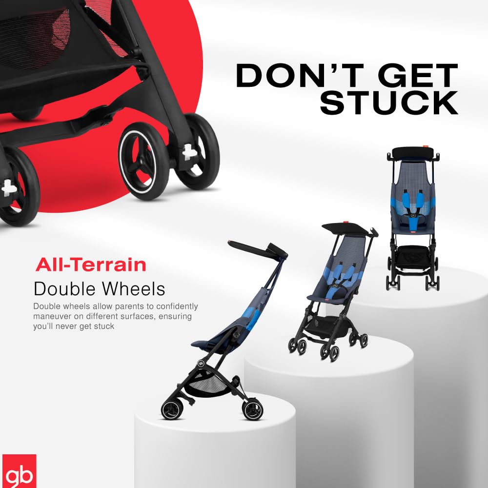 My Store gb Pockit+ All-Terrain lightweight travel stroller with canopy and reclining seat in velvet black, compact and portable.