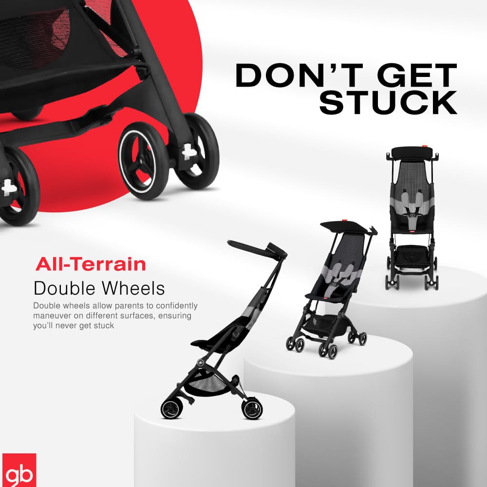 My Store gb Pockit+ All-Terrain lightweight travel stroller with canopy and reclining seat in velvet black, shown folded and open.