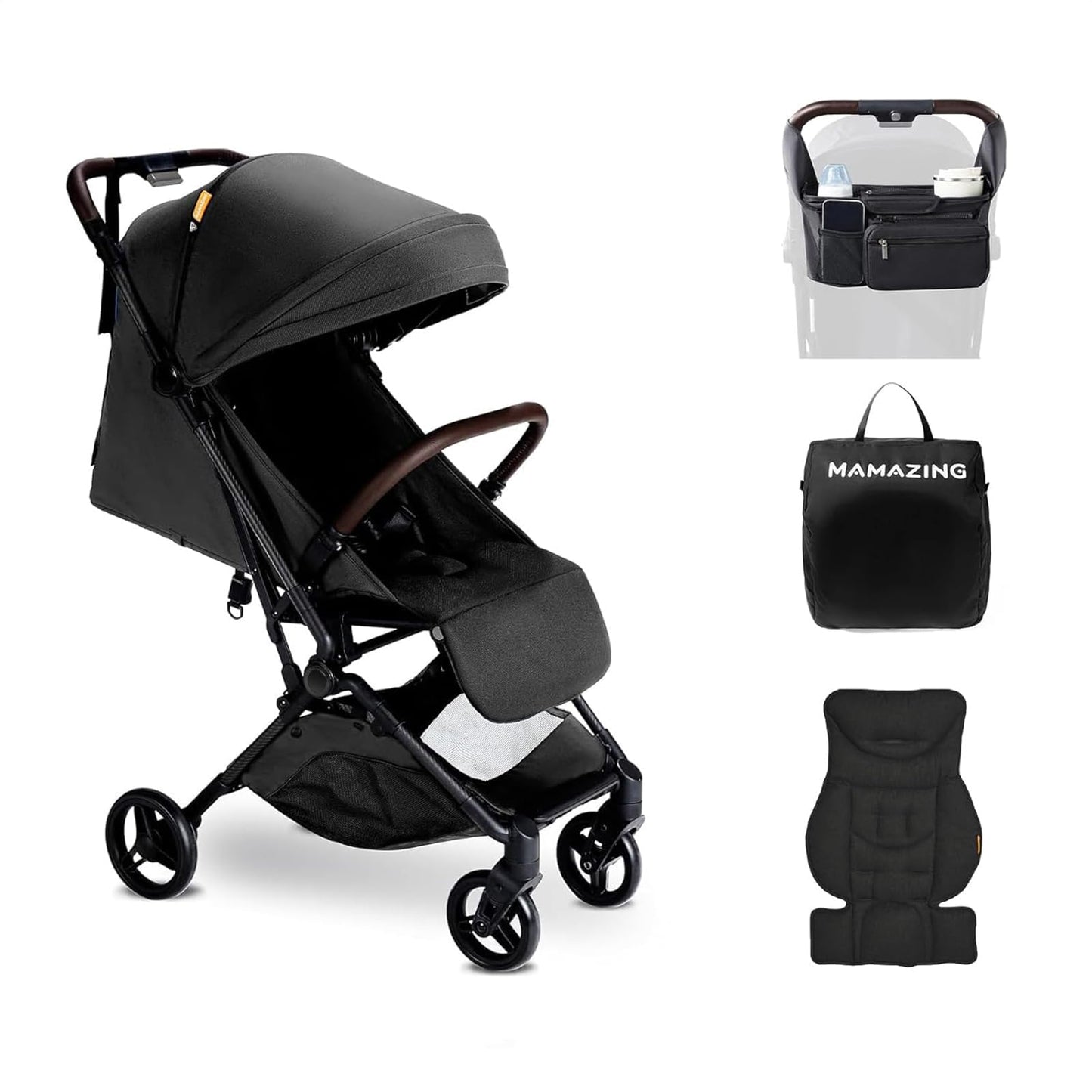 Lightweight MAMAZING Ultra Air baby travel stroller with carbon fiber frame, compact fold, suitable for toddlers, airplane-friendly, one-handed fold
