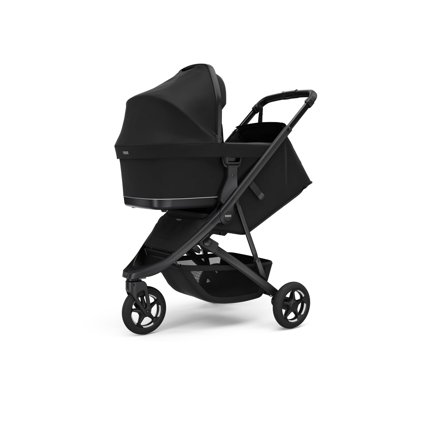 Thule Spring 2 single child stroller with ventilated canopy, adjustable handlebar, lightweight frame, and compact fold for easy transport.