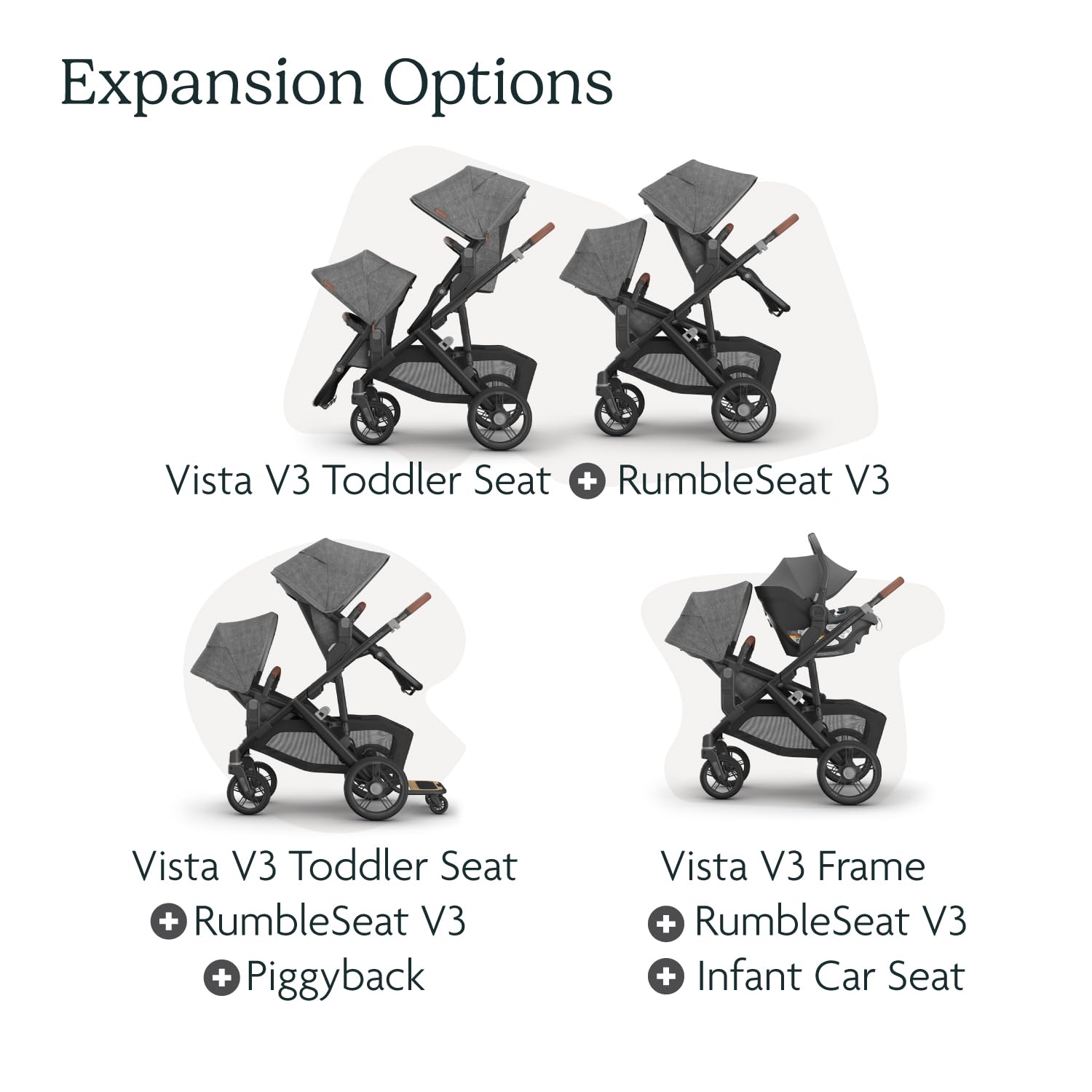 UPPAbaby RumbleSeat V3 second lower all-weather seat with magnetic buckle for Vista V2 and V3 strollers, in Declan Oat Mélange.