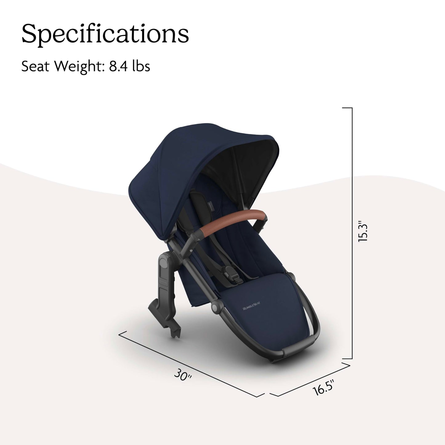 UPPAbaby RumbleSeat V3 all-weather second seat for Vista V2/V3 stroller, with magnetic buckle and chestnut leather details.