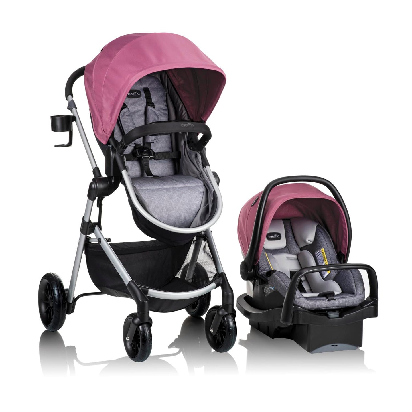 Casual gray Evenflo Pivot Modular Travel System with LiteMax Preemie and Infant Car Seat, featuring a stroller and car seat combo.