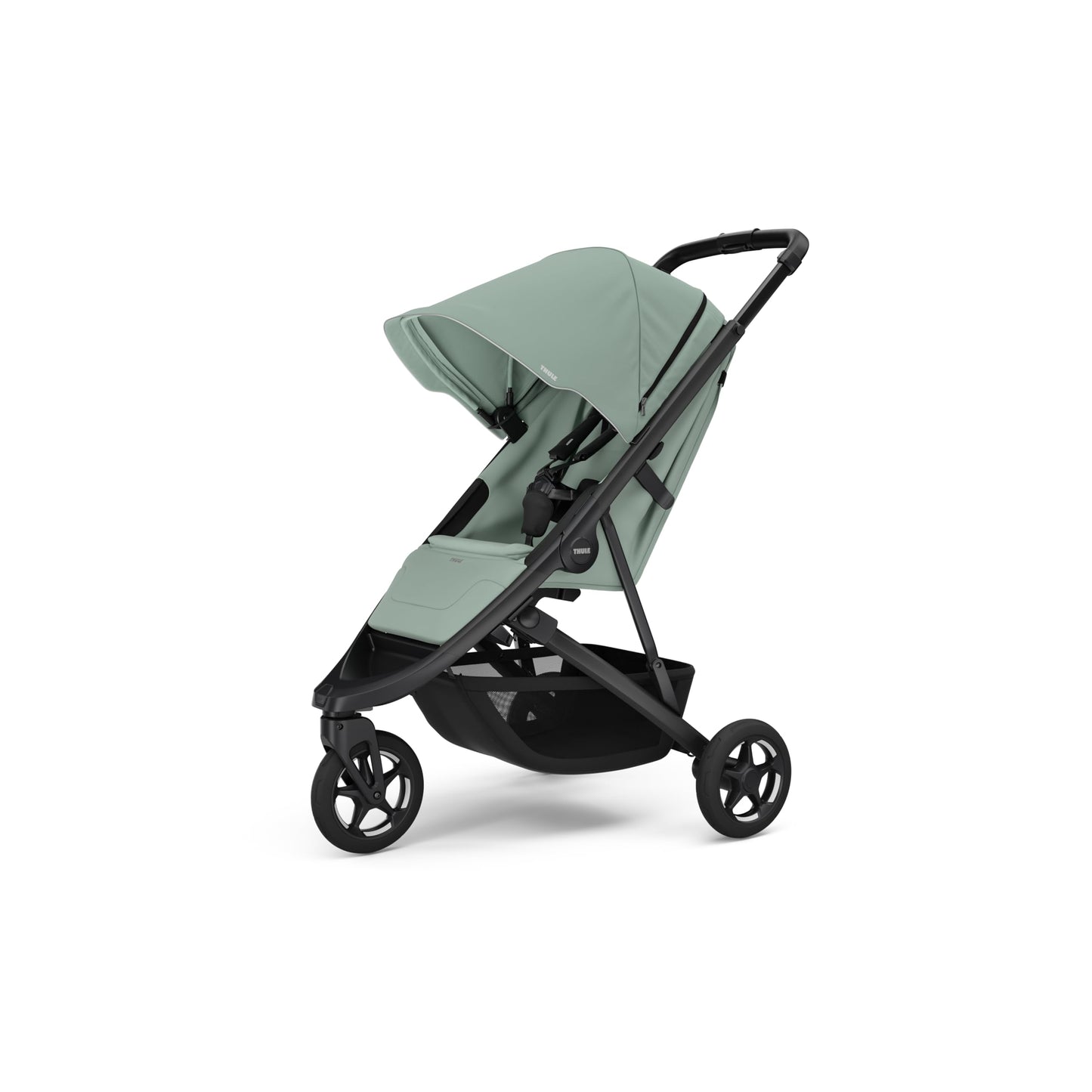 Lightweight Thule Spring 2 single child stroller with ventilated canopy and adjustable handlebar, shown folded for compact storage.
