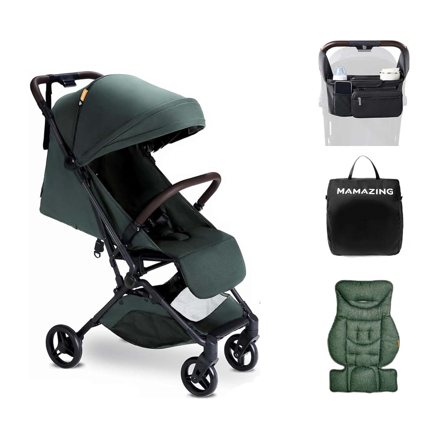 Lightweight MAMAZING Ultra Air baby travel stroller with carbon fiber frame, compact design, one-handed fold, suitable for toddlers.