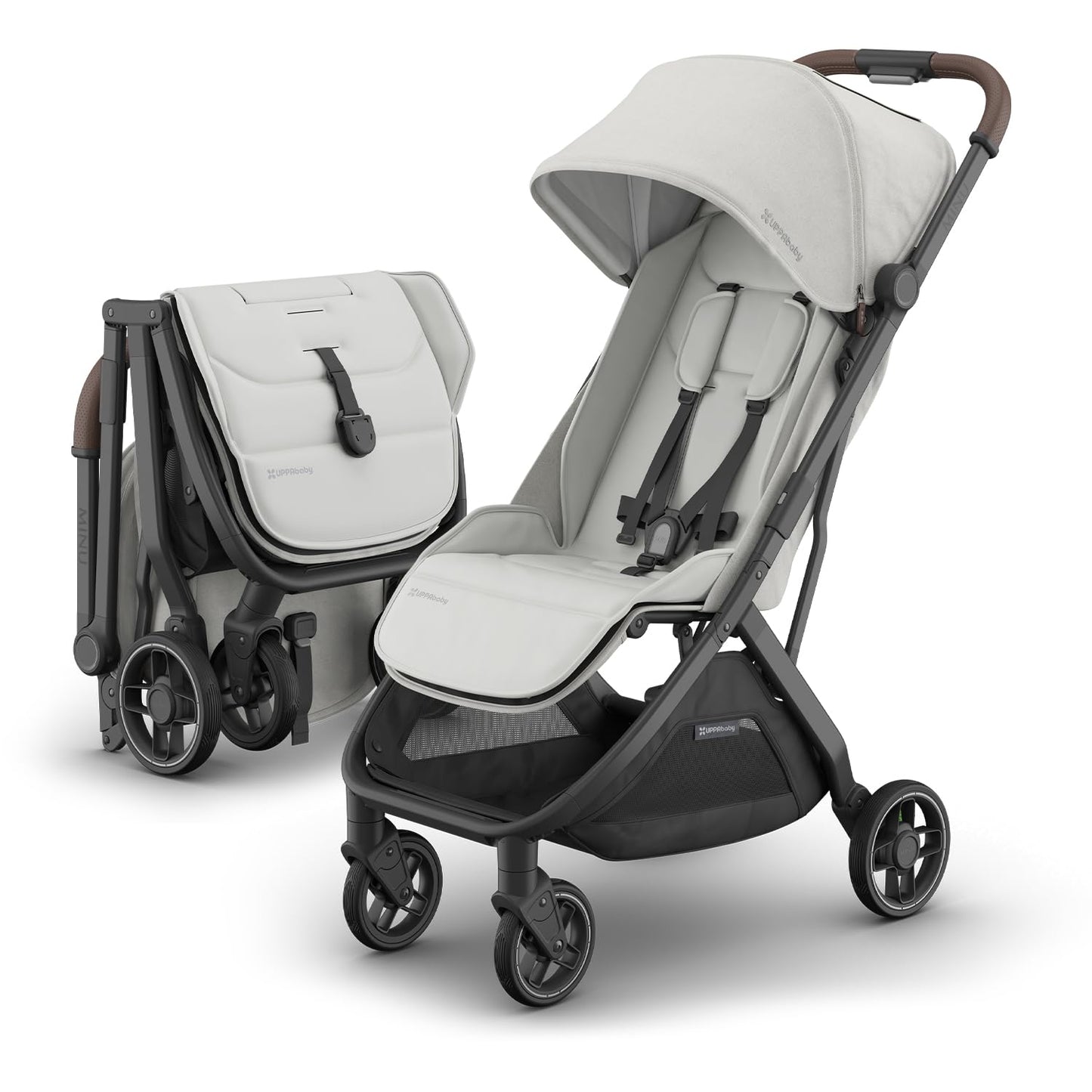 UPPAbaby Minu V3 travel stroller in greyson, charcoal mélange with carbon frame and saddle leather, showing a lightweight, compact design