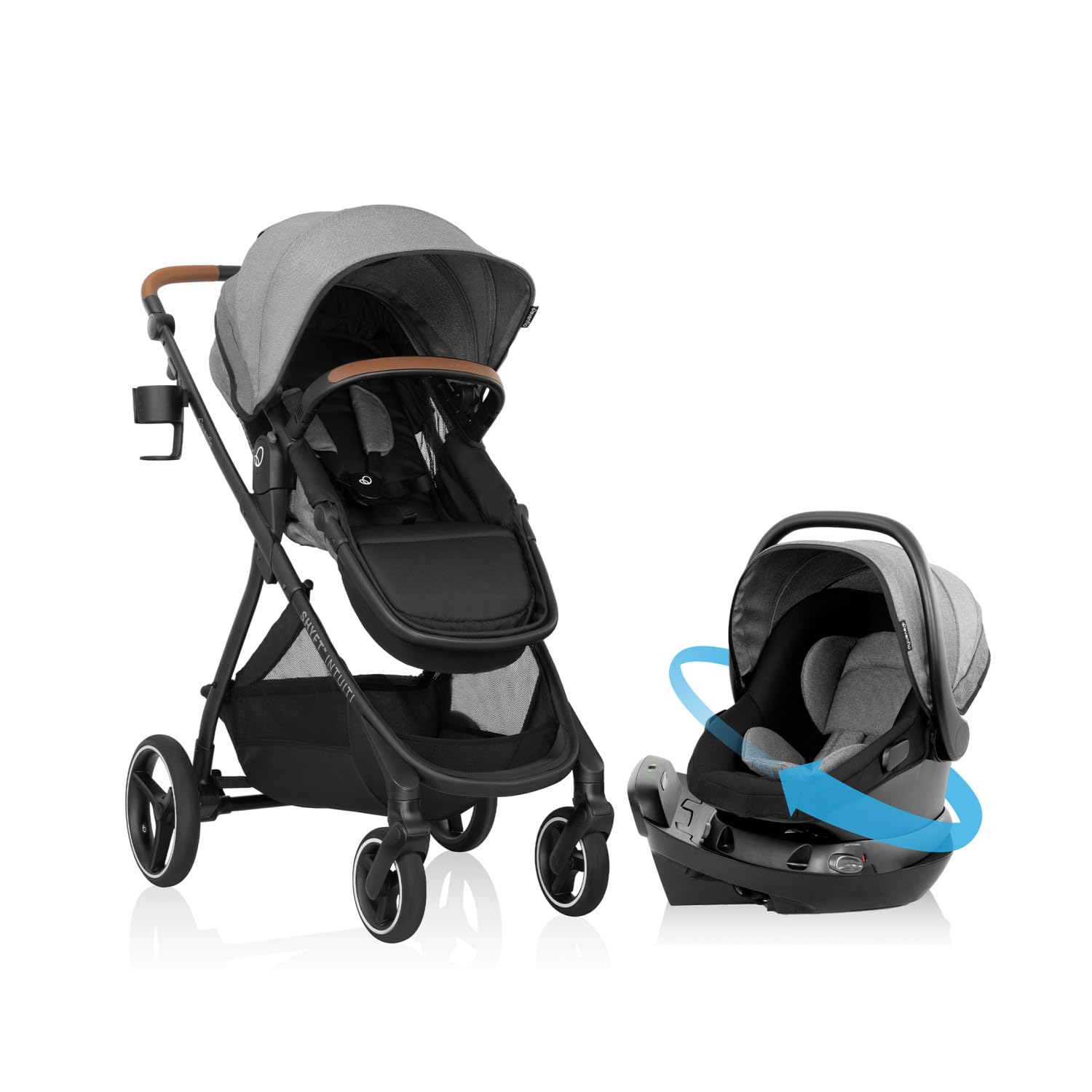 Evenflo Shyft Intuiti Travel System with Revolve180 LiteMax NXT infant car seat in Fossil Gray, lightweight and rear-facing for preemies and babies