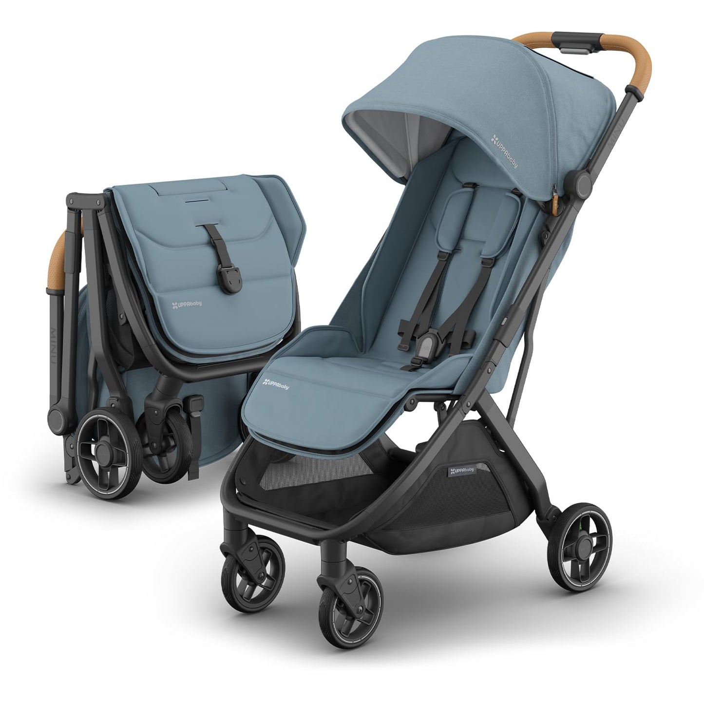 UPPAbaby Minu V3 lightweight travel stroller in Greyson, charcoal mélange with carbon frame and saddle leather, showing folded design