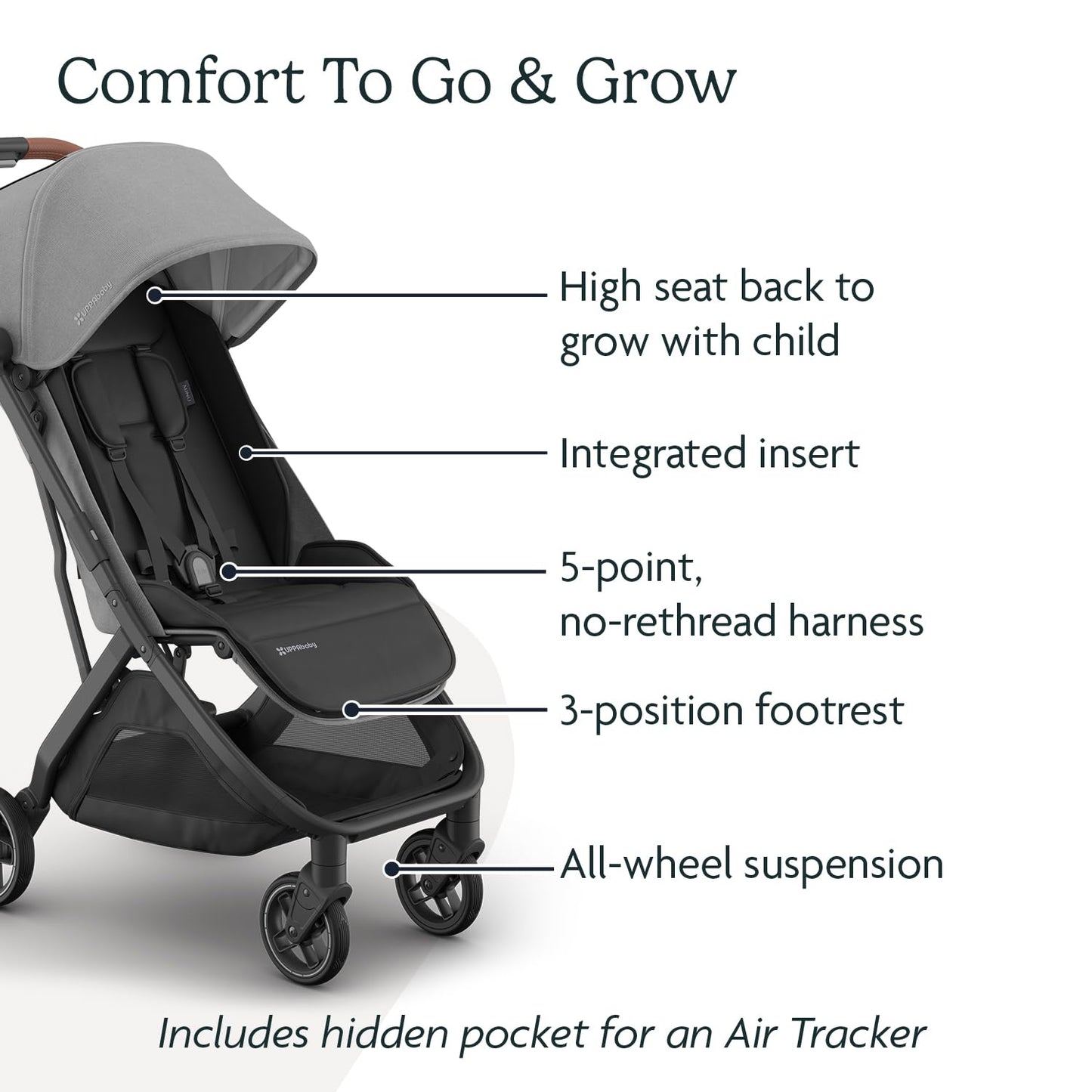 My Store UPPAbaby Minu V3 lightweight travel stroller in Greyson with charcoal frame and saddle leather, one-hand fold and compact design