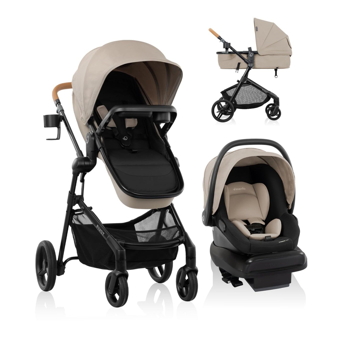 Evenflo Pivot NXT travel system with LiteMax NXT infant car seat in Latte Tan, stroller with adjustable handle and storage basket