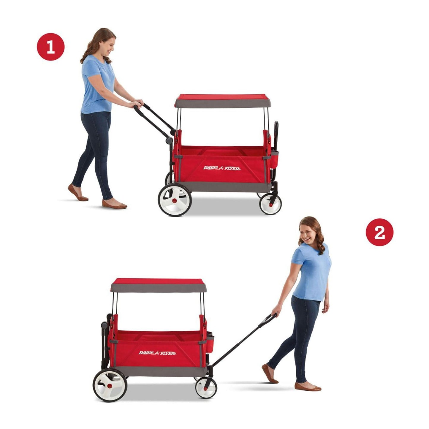 Red Radio Flyer wagon for kids and toddlers, convertible stroller and rolling beach cart with wheels for ages 1 and up.
