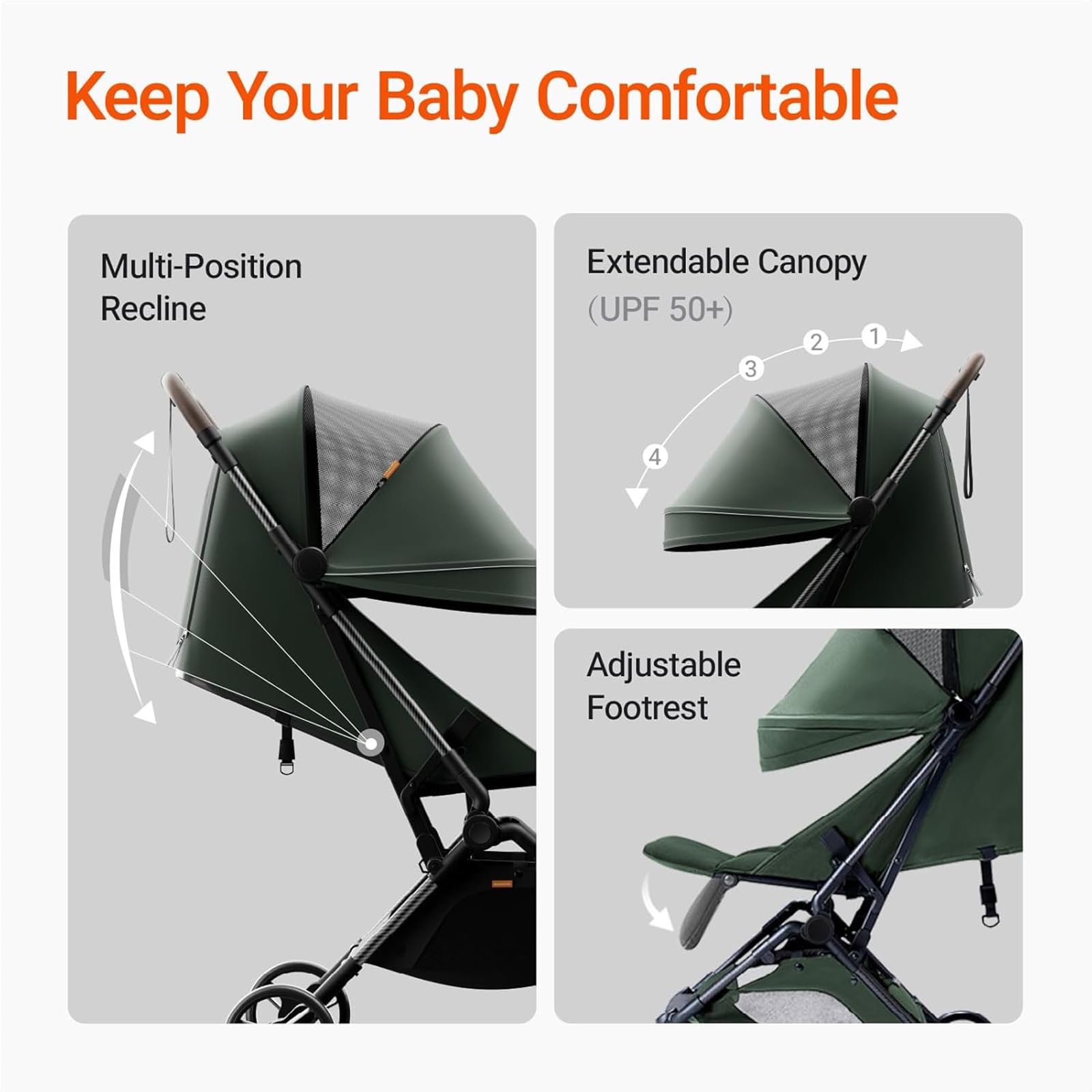 Lightweight MAMAZING Ultra Air baby travel stroller with carbon fiber frame, one-handed fold, suitable for toddlers and airplane travel.