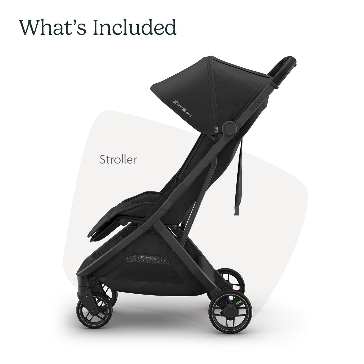 UPPAbaby Minu V3 lightweight travel stroller in greyson with charcoal frame, saddle leather, one-hand fold, suitable from birth