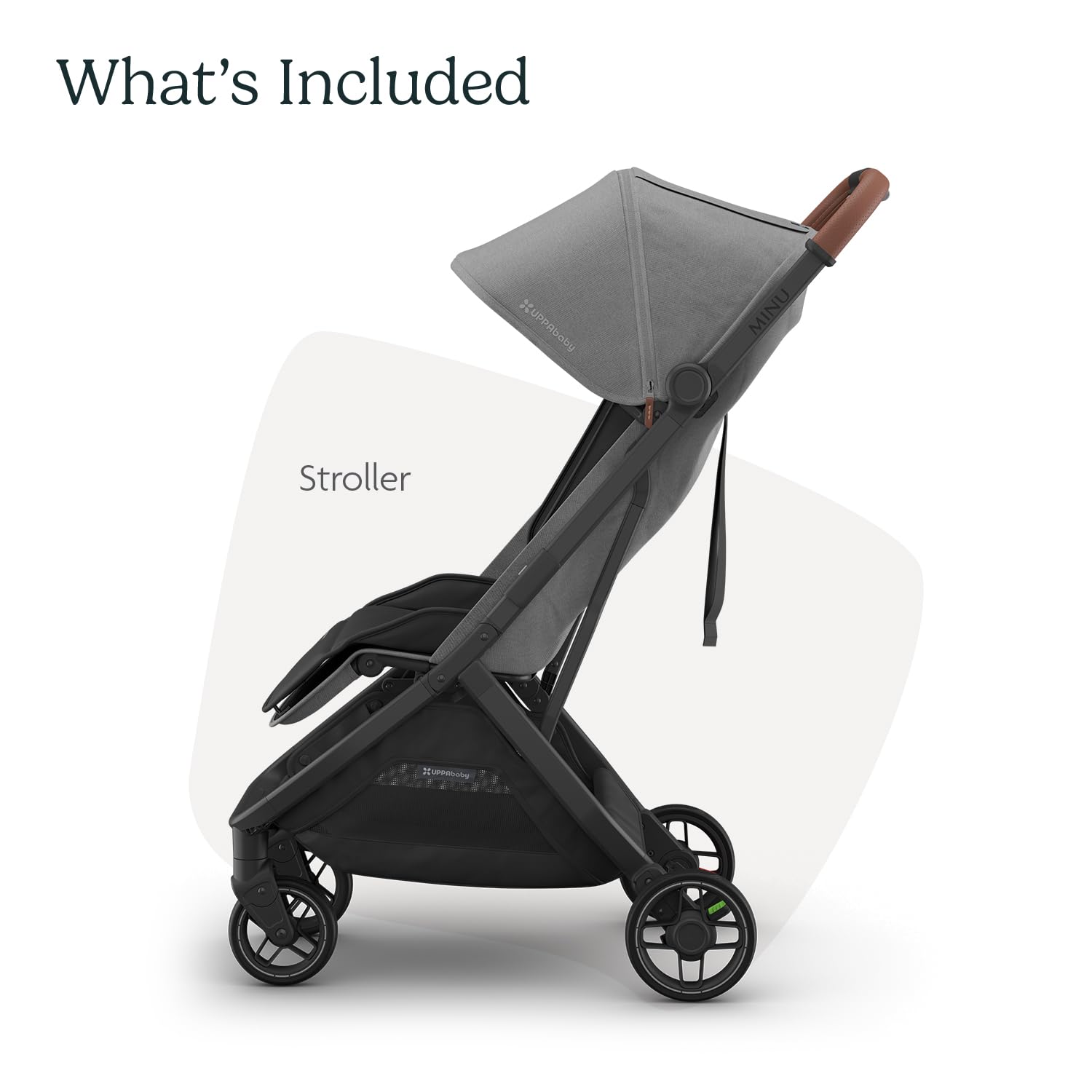 UPPAbaby Minu V3 lightweight travel stroller in greyson with charcoal frame and saddle leather, featuring one-hand fold and compact design.