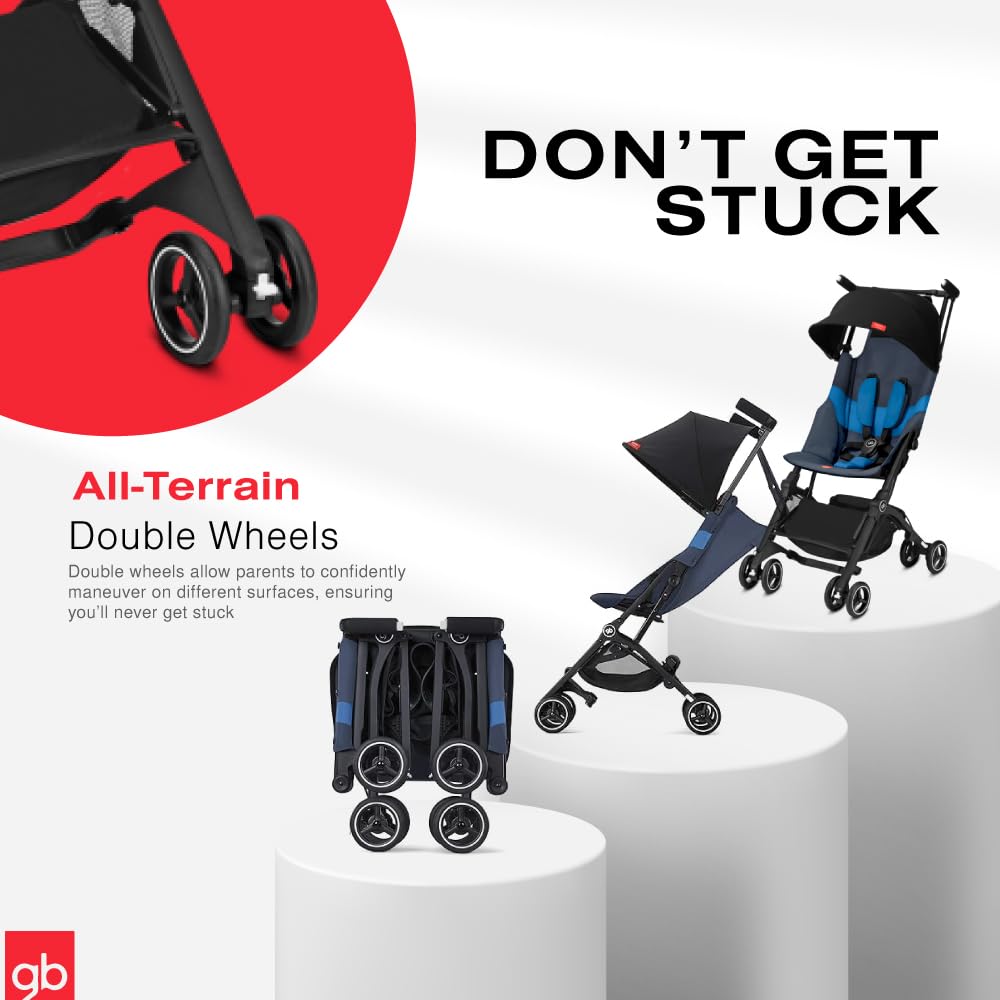 My Store gb Pockit+ All-Terrain lightweight travel stroller with canopy and reclining seat in velvet black, shown folded and ready to travel.
