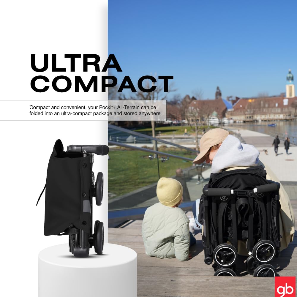 My Store gb Pockit+ All-Terrain lightweight travel stroller with canopy and reclining seat in velvet black, ready for outdoor adventures.