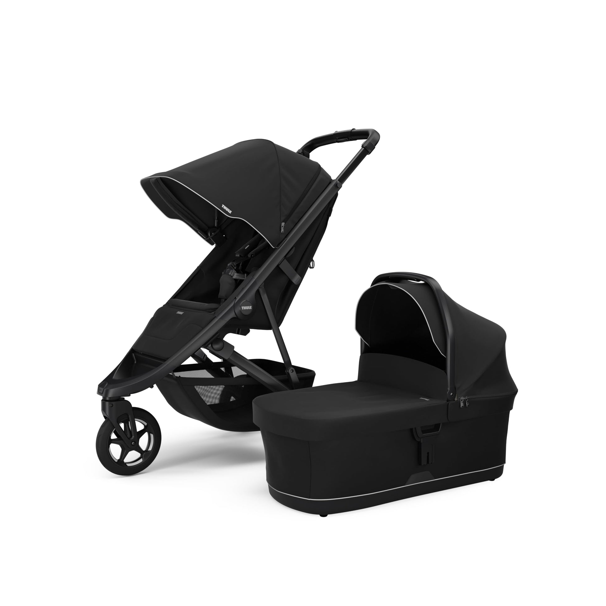 My Store Thule Spring 2 single child stroller with ventilated canopy, adjustable handlebar, lightweight frame, and compact fold.