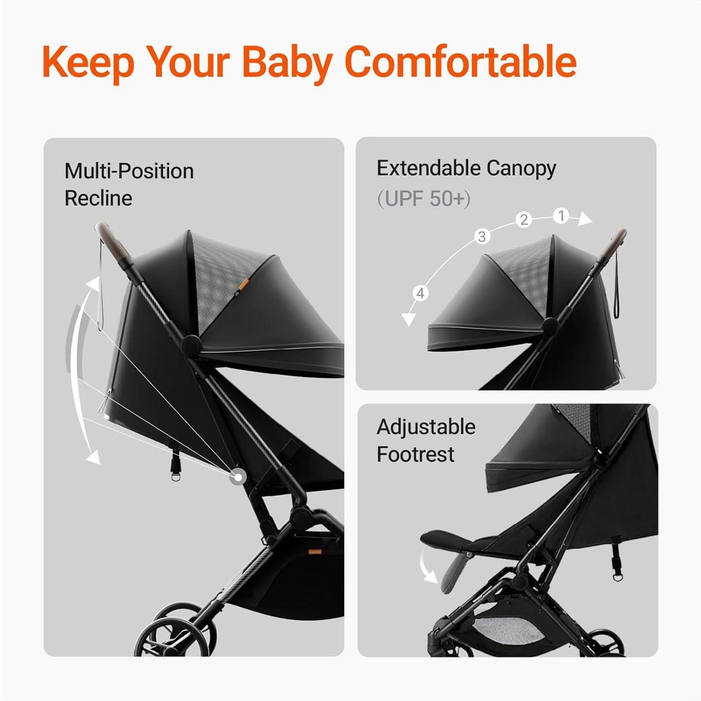 Lightweight MAMAZING Ultra Air baby travel stroller with carbon fiber frame, one-handed fold, suitable for toddlers and airline travel