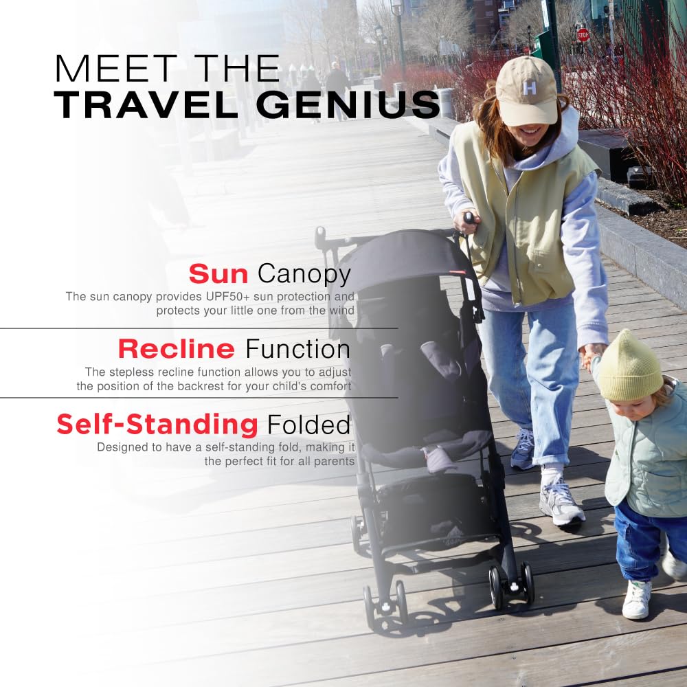 My Store gb Pockit+ All-Terrain lightweight travel stroller with canopy and reclining seat in Velvet Black on smooth surface.