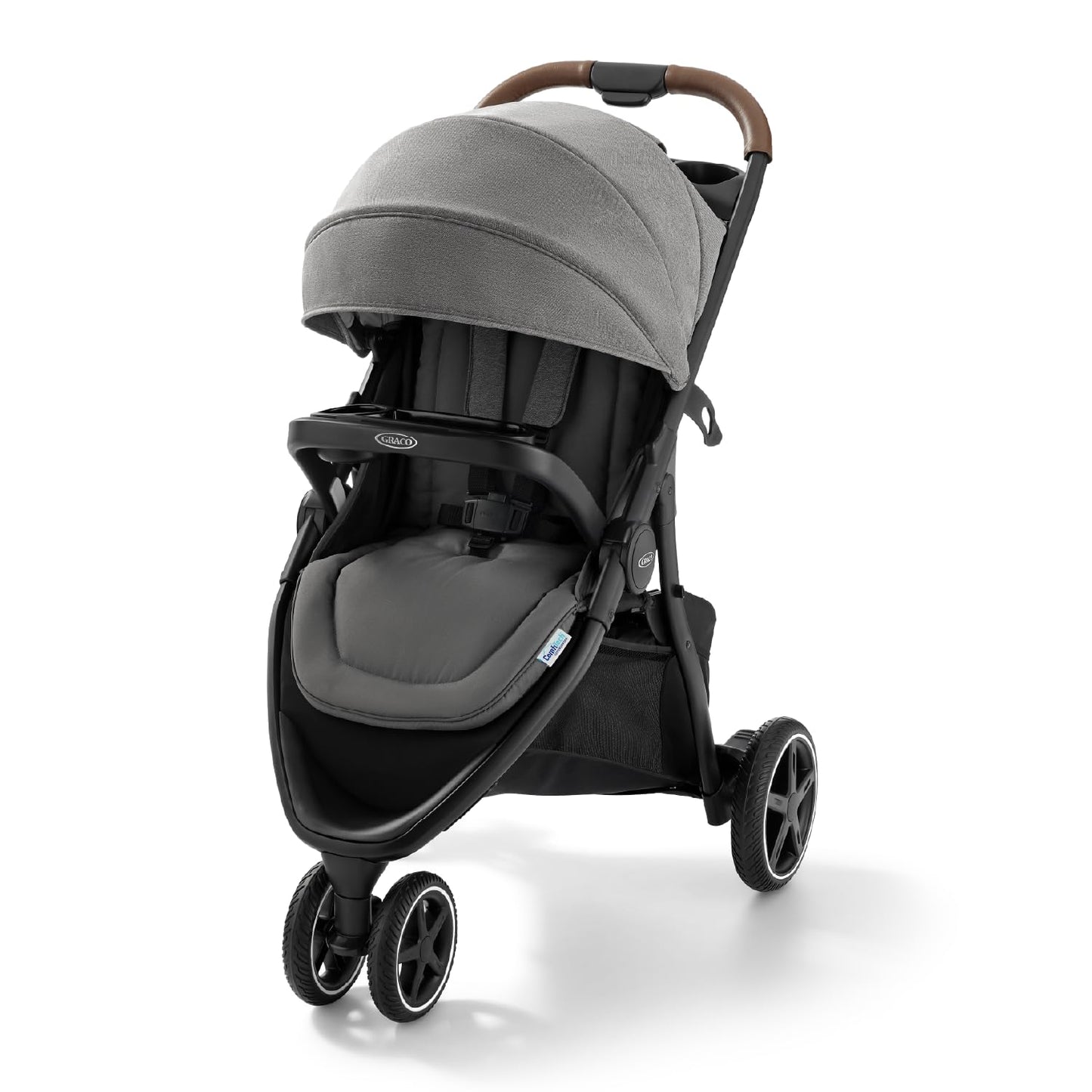 My Store Graco Outpace LX all-terrain 3-wheel baby stroller with rubber tires, foldable design, and in-seat suspension for smooth rides.