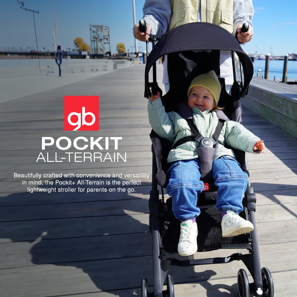 My Store gb Pockit+ All-Terrain lightweight travel stroller with canopy and reclining seat in velvet black, suitable for compact travel.