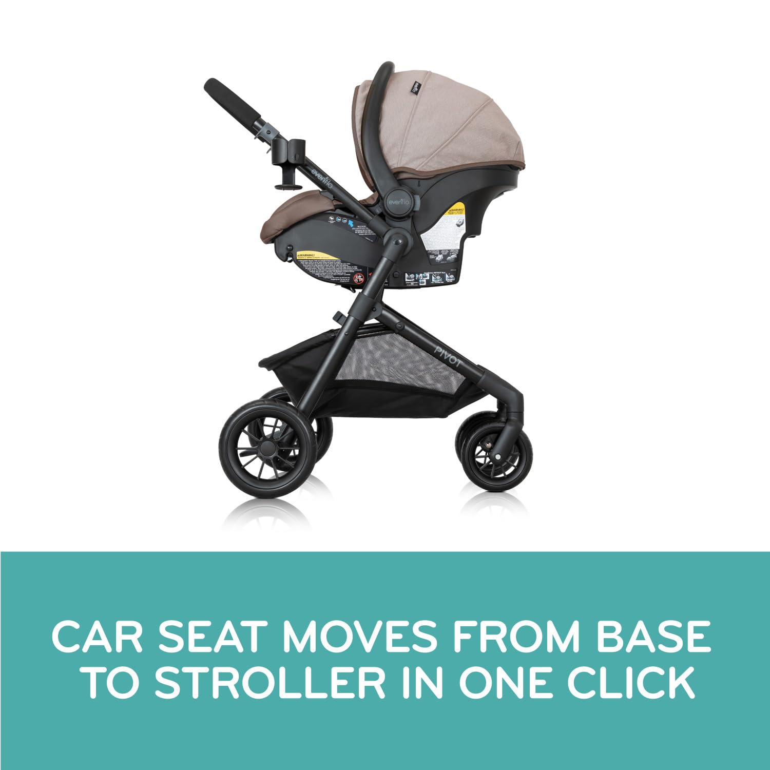 Evenflo Pivot Modular Travel System with LiteMax Preemie and Infant Car Seat in casual gray, featuring stroller and car seat components.