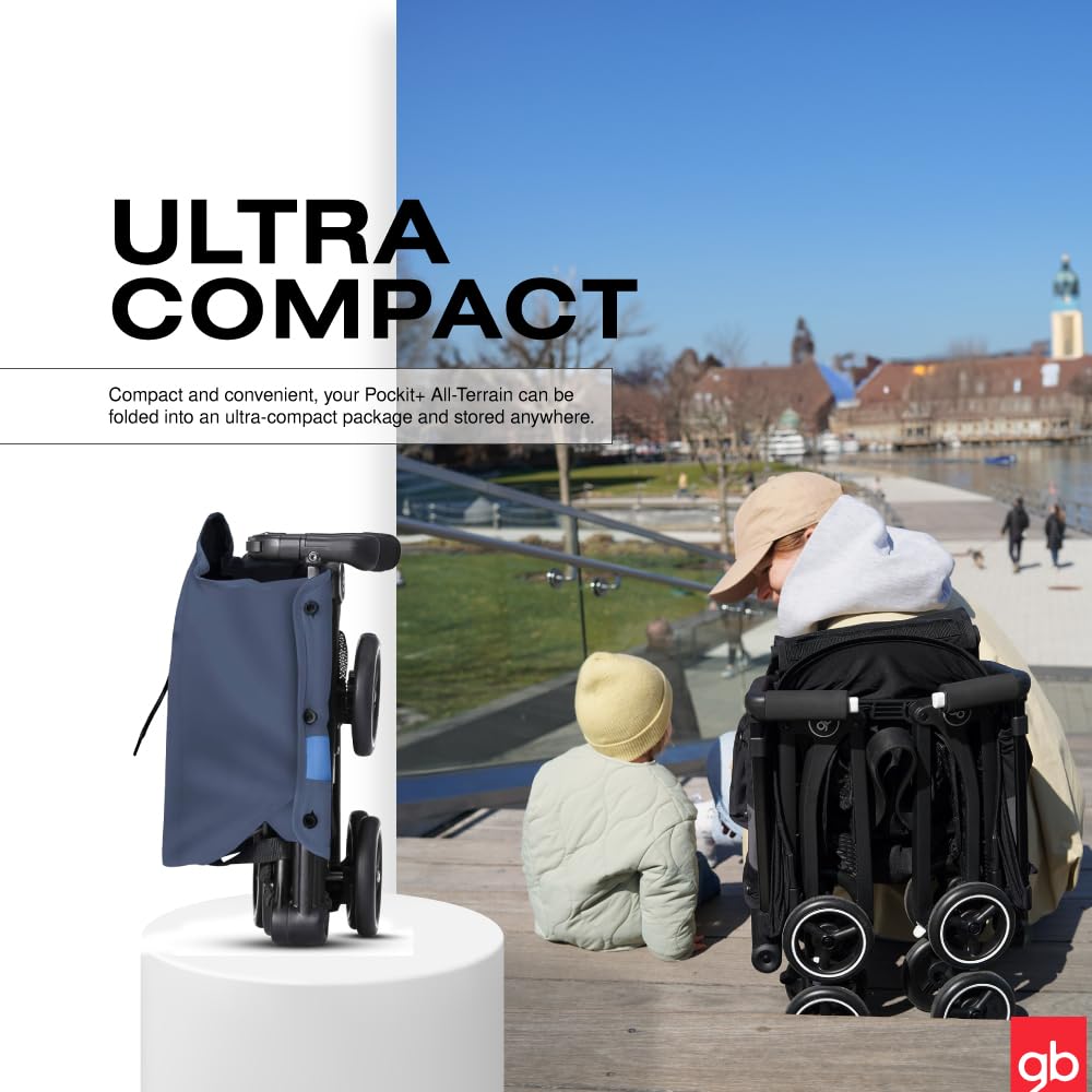 My Store gb Pockit+ All-Terrain lightweight travel stroller with canopy and reclining seat in velvet black, compact and portable.