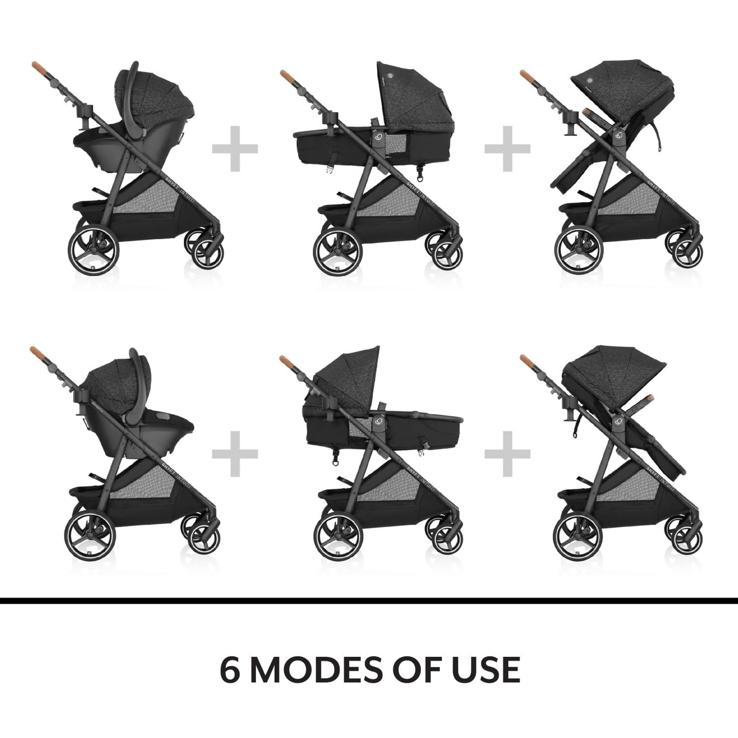 Evenflo Shyft Intuiti travel system with Revolve180 LiteMax NXT infant car seat in Fossil Gray, lightweight and suitable for preemies to 30 lbs.