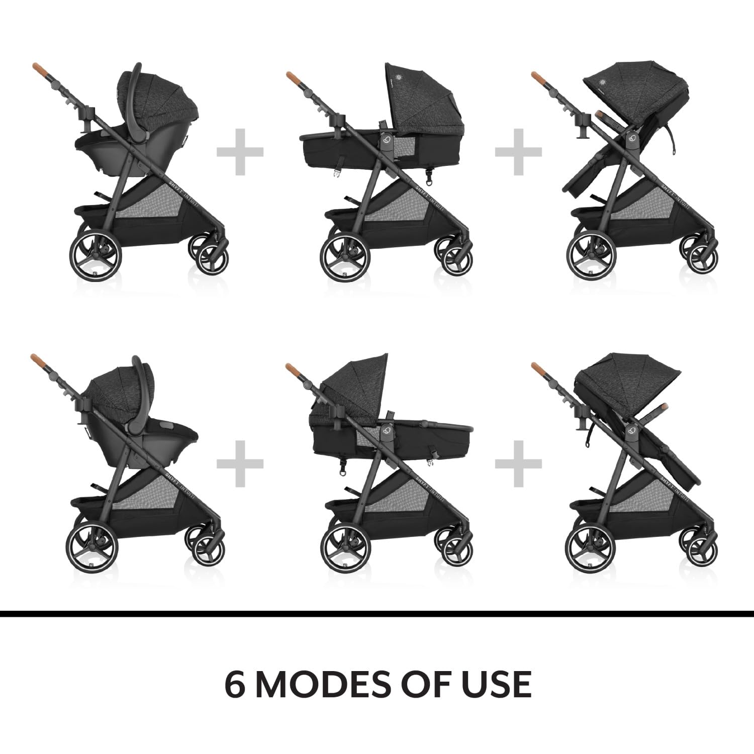 Evenflo Shyft Intuiti travel system with Revolve180 LiteMax NXT infant car seat in Fossil Gray, lightweight and suitable for preemies to 30 lbs.