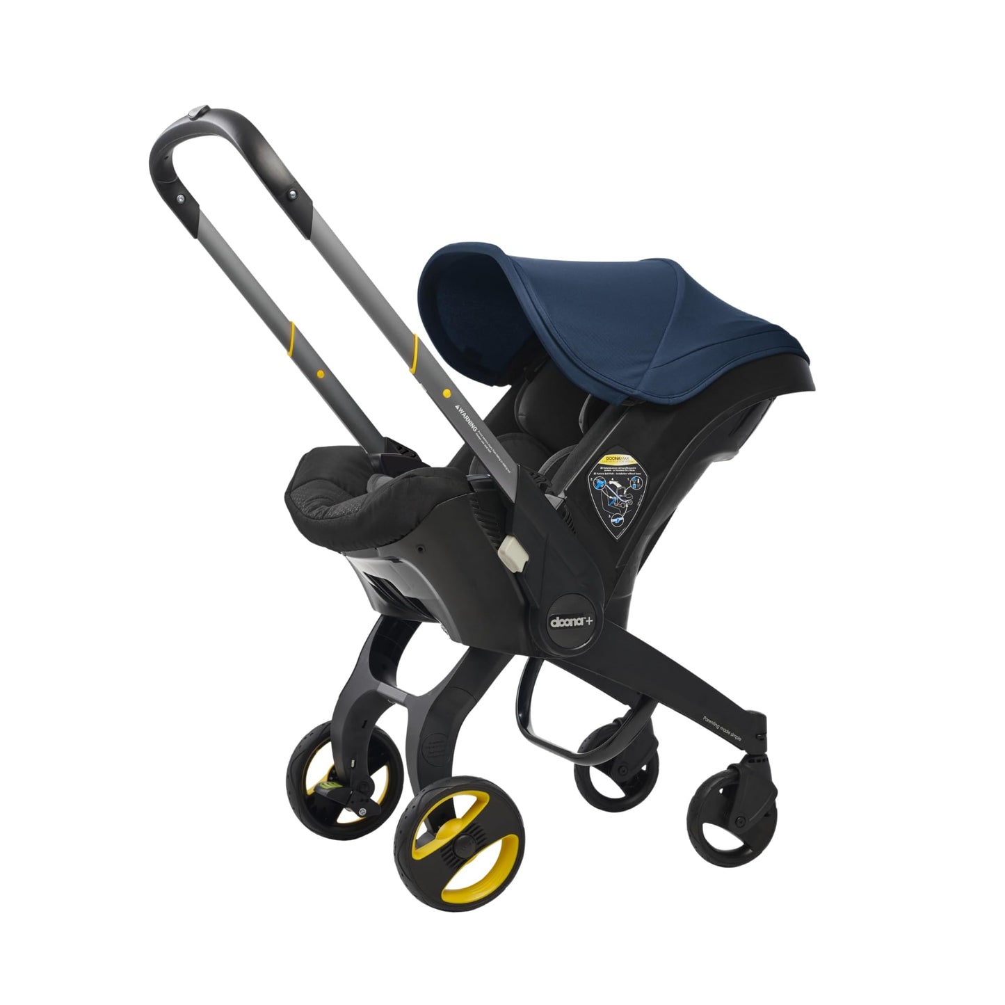 Doona all-in-one car seat and stroller in slate green, compact travel system with adjustable handle and safety features.
