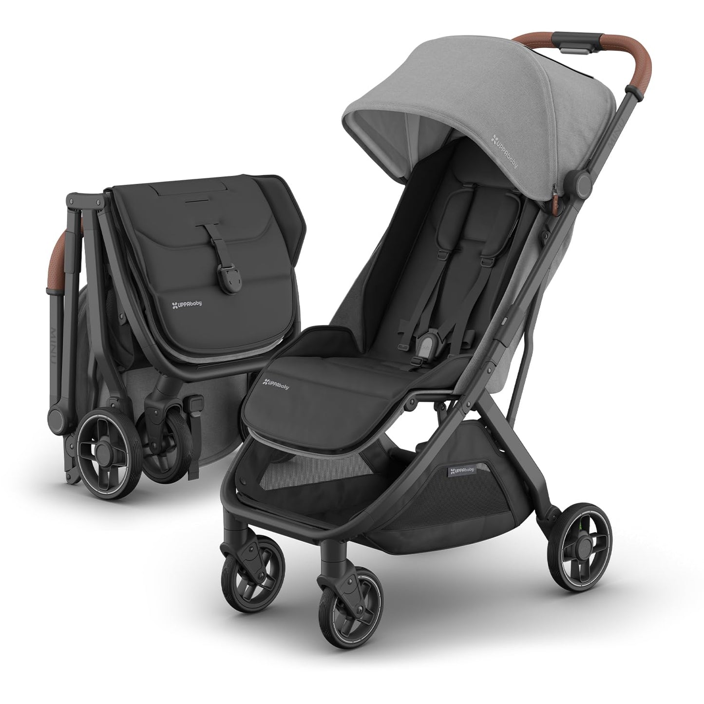 UPPAbaby Minu V3 travel stroller in Greyson color, lightweight, compact design with one-hand fold, suitable from birth, with saddle leather accents.