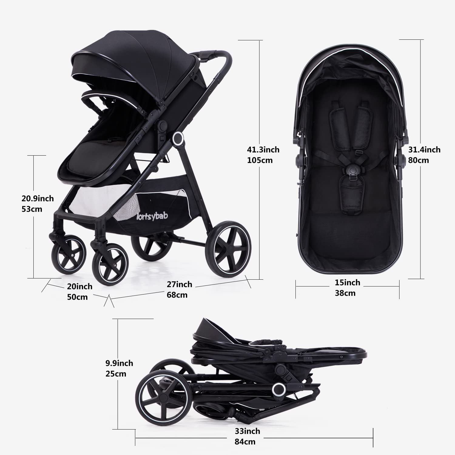 Lortsybab 2-in-1 baby stroller with reversible seat, beige color, foldable infant pram suitable for newborns and toddlers.