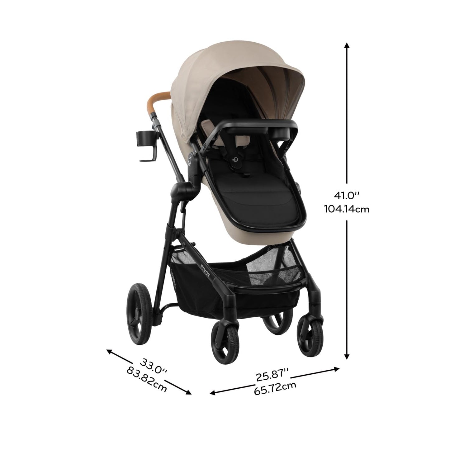 Evenflo Pivot NXT travel system with LiteMax NXT infant car seat in Latte Tan, stroller with adjustable handle and car seat base