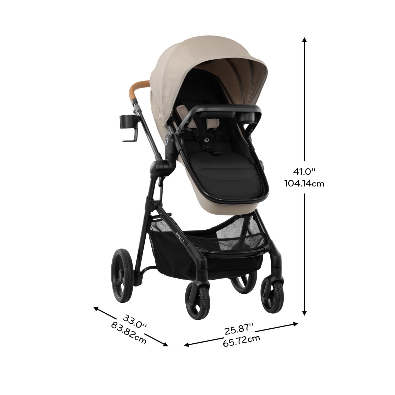 Evenflo Pivot NXT travel system with LiteMax NXT infant car seat in Latte Tan, stroller with adjustable handle and car seat base