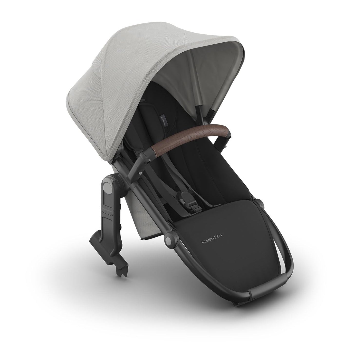 UPPAbaby RumbleSeat V3 second lower all-weather seat in Declan oatmeal with silver frame and chestnut leather, with magnetic buckle and adapters.