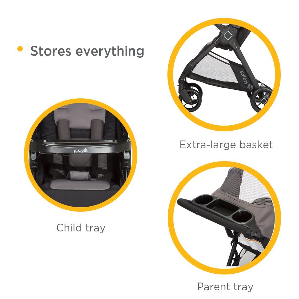 Safety 1st Smooth Ride Travel System stroller with OnBoard FLX infant car seat, large canopy, foldable design, and ample storage.