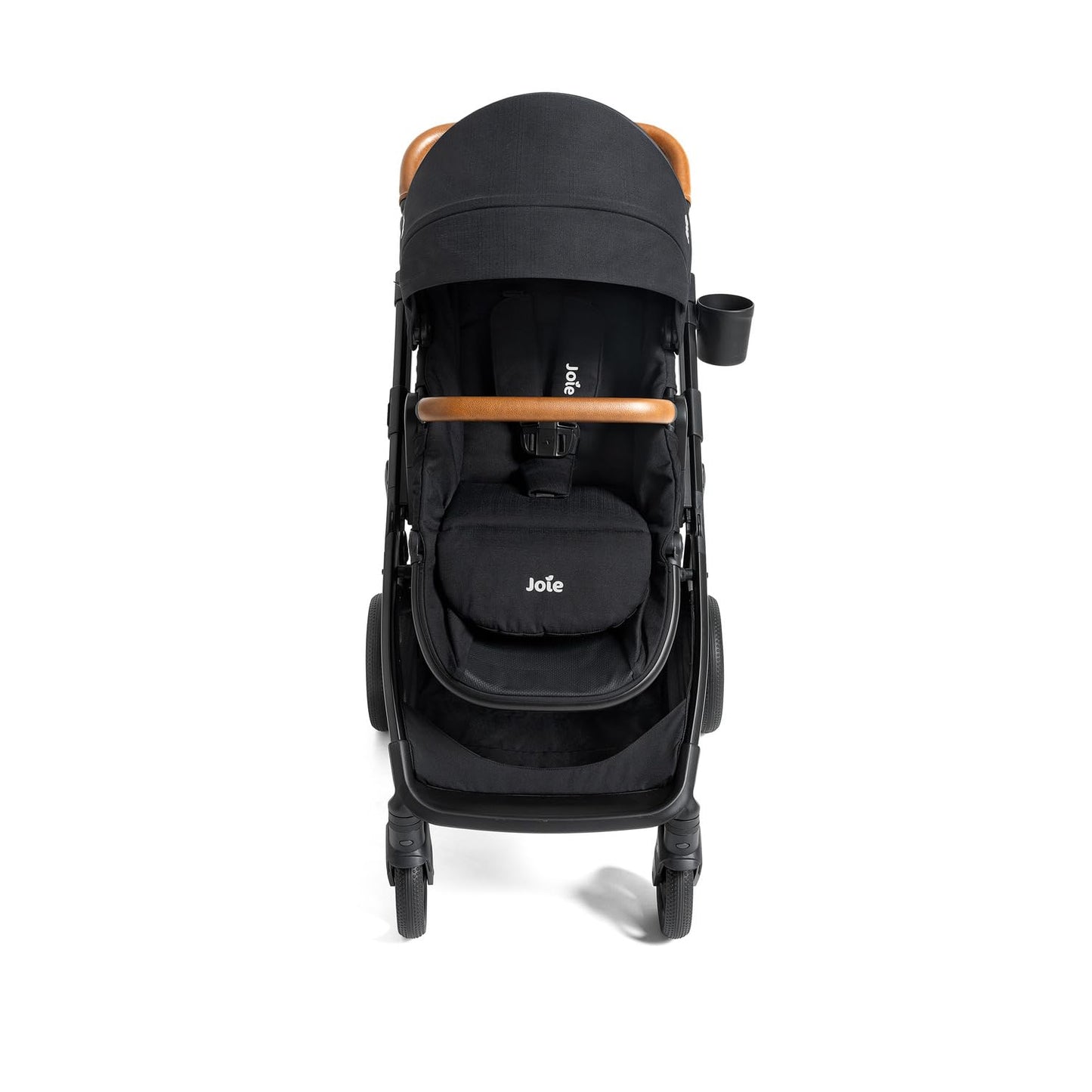 Joie Ginger and Mint Latch Travel System in Shale Dark with infant car seat, stroller, and all-terrain wheels for easy travel.