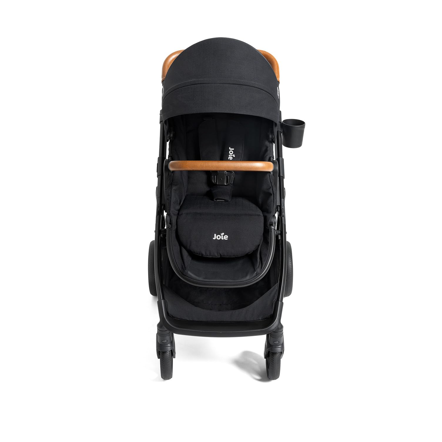 Joie Ginger and Mint Latch Travel System in Shale Dark with infant car seat, stroller, and all-terrain wheels for easy travel.