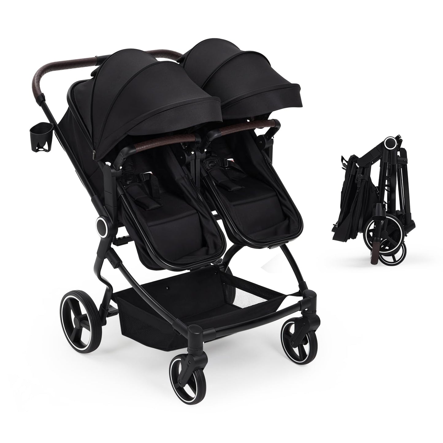 Lightweight twin stroller by My Store with reclining seats, adjustable canopy, 5-point harness, and high landscape double seats.