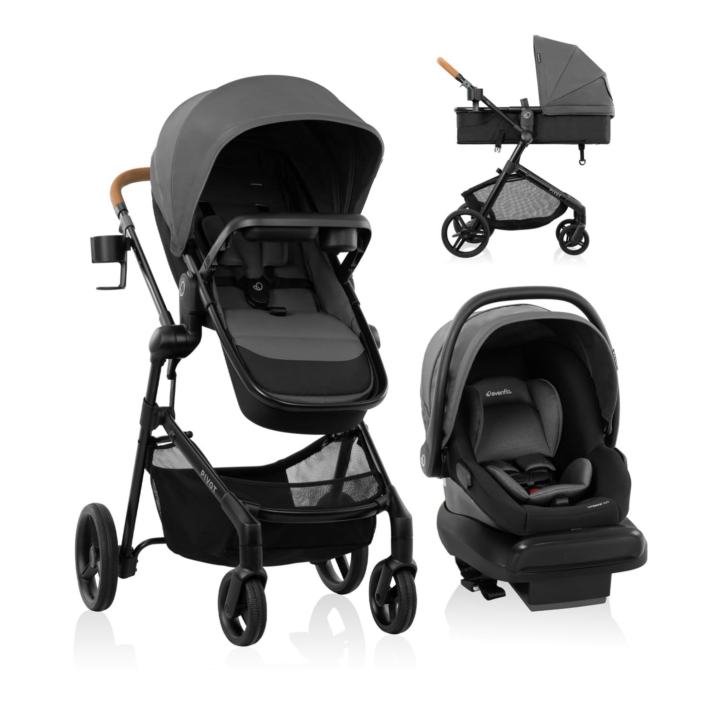 Evenflo Pivot NXT travel system with LiteMax NXT infant car seat in Latte Tan, featuring stroller frame and car seat attachment