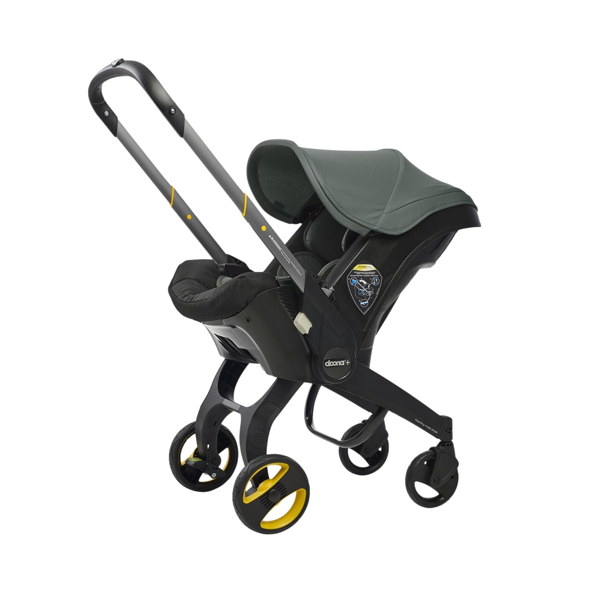 Doona all-in-one car seat and stroller in slate green with adjustable handle and safety harness, ready for travel.