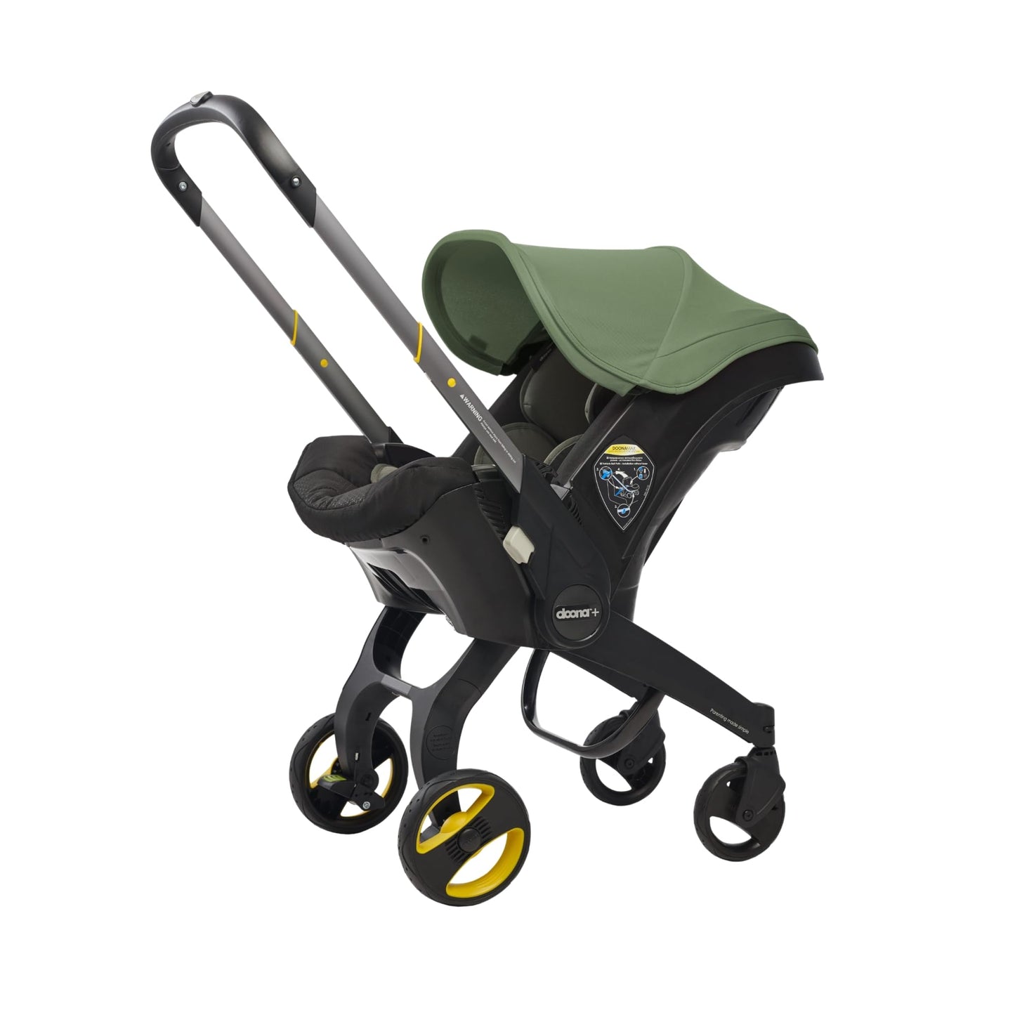 Doona all-in-one travel system with slate green car seat and stroller, featuring a compact design and adjustable handle.