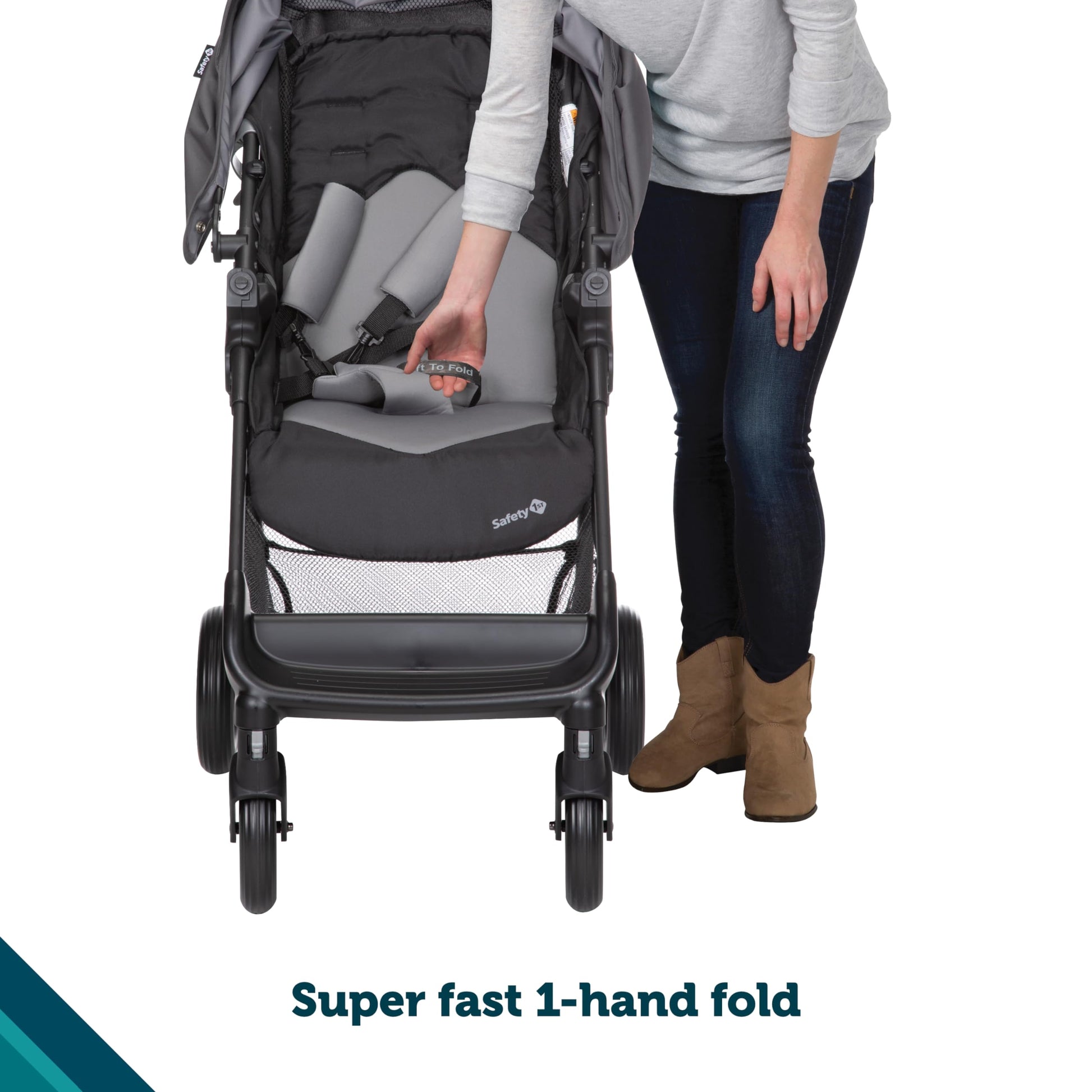 Safety 1st Smooth Ride travel system stroller with infant car seat, large canopy, foldable design, and ample storage in monument color.