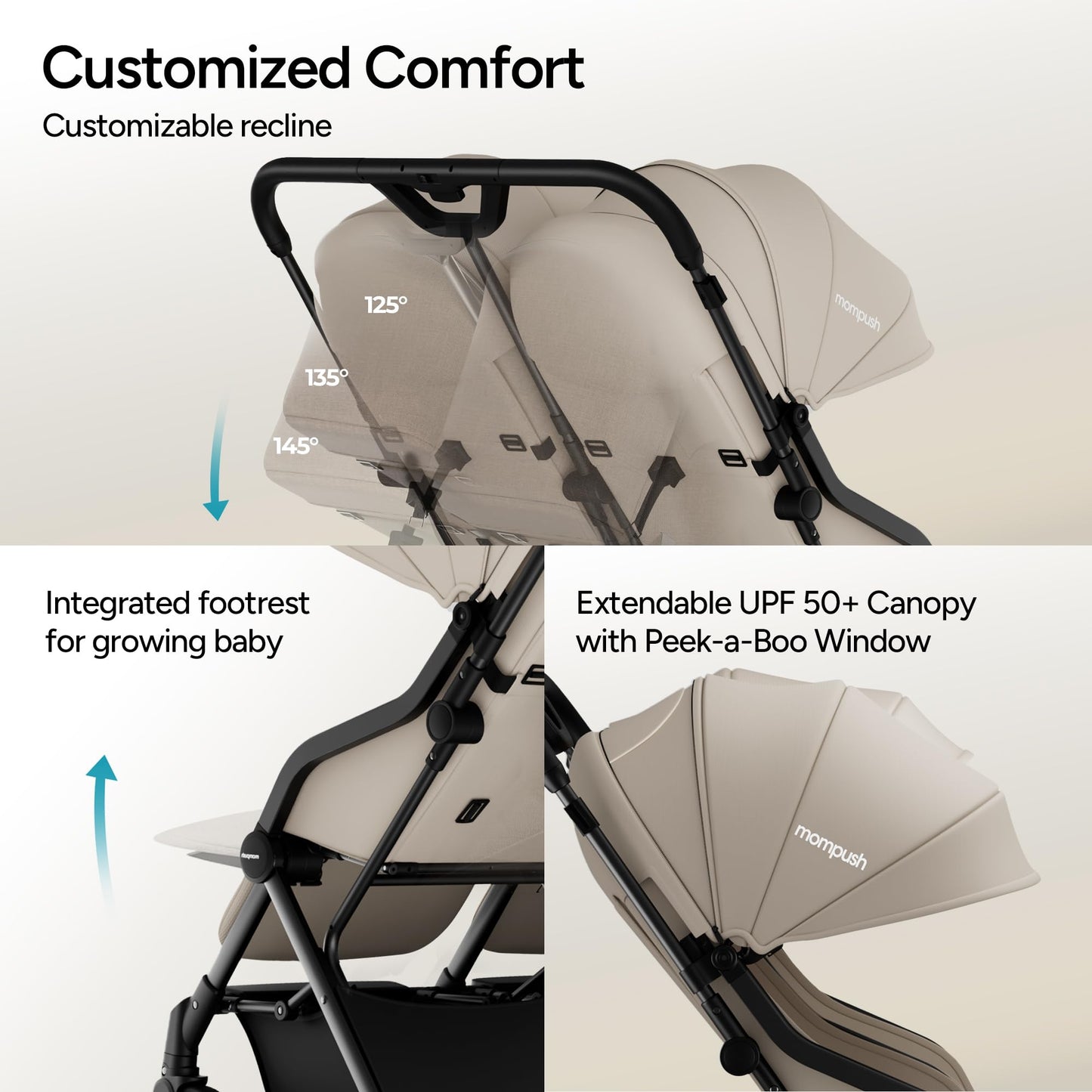 Mompush Lithe double stroller with spacious seats, recline feature, UPF50+ canopy, lightweight design, easy fold for newborn and toddler.