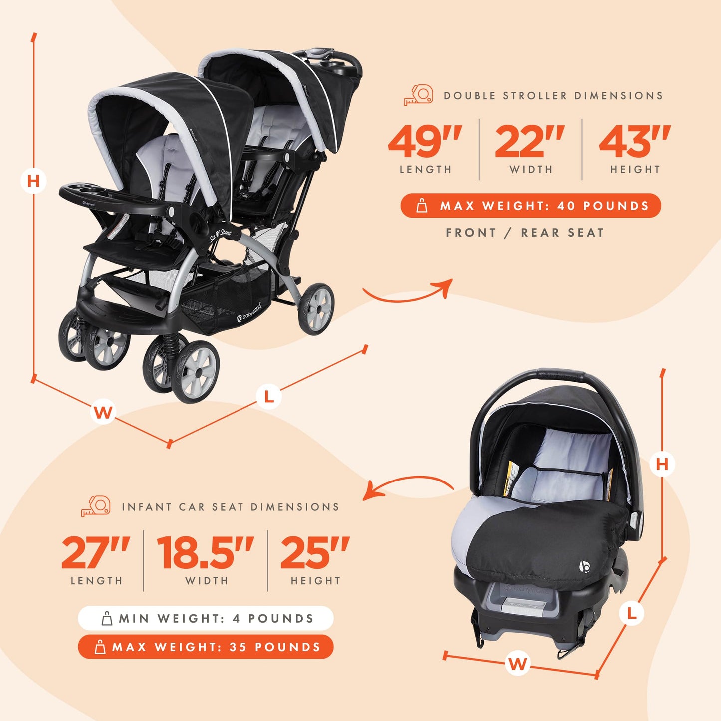 Baby Trend infant and toddler double stroller with car seat, lightweight Stormy travel system tandem for easy portability.