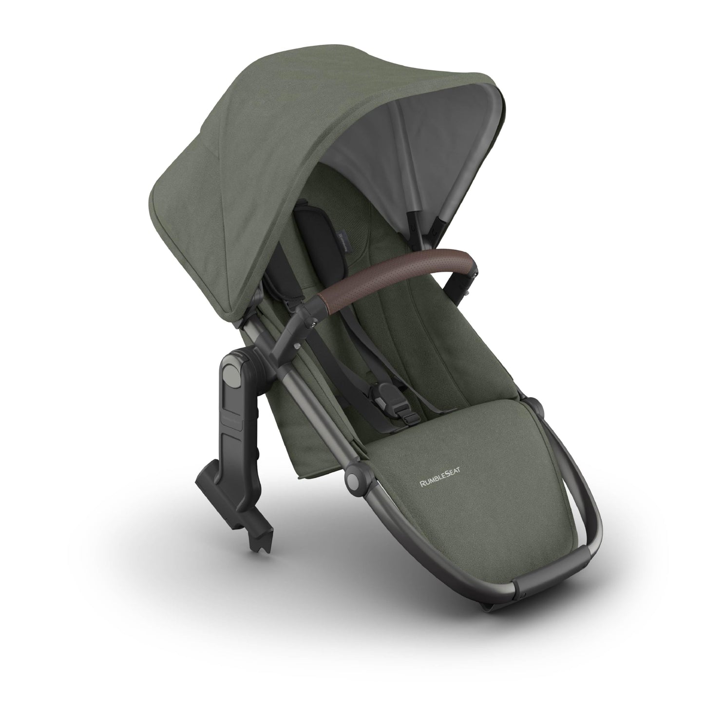 UPPAbaby RumbleSeat V3 second lower all-weather seat with magnetic buckle for Vista V2/V3, in Declan oatmeal, silver frame, and chestnut leather