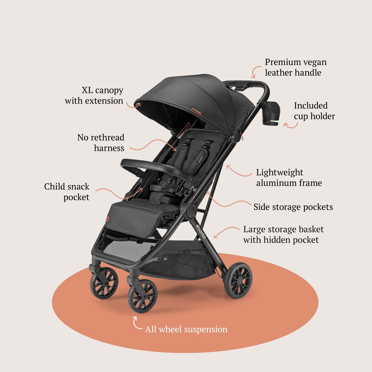 Bombi Bēbee V2 lightweight baby stroller with premium vegan leather, one-hand fold, infinity recline, aluminum frame, XXL canopy, and storage