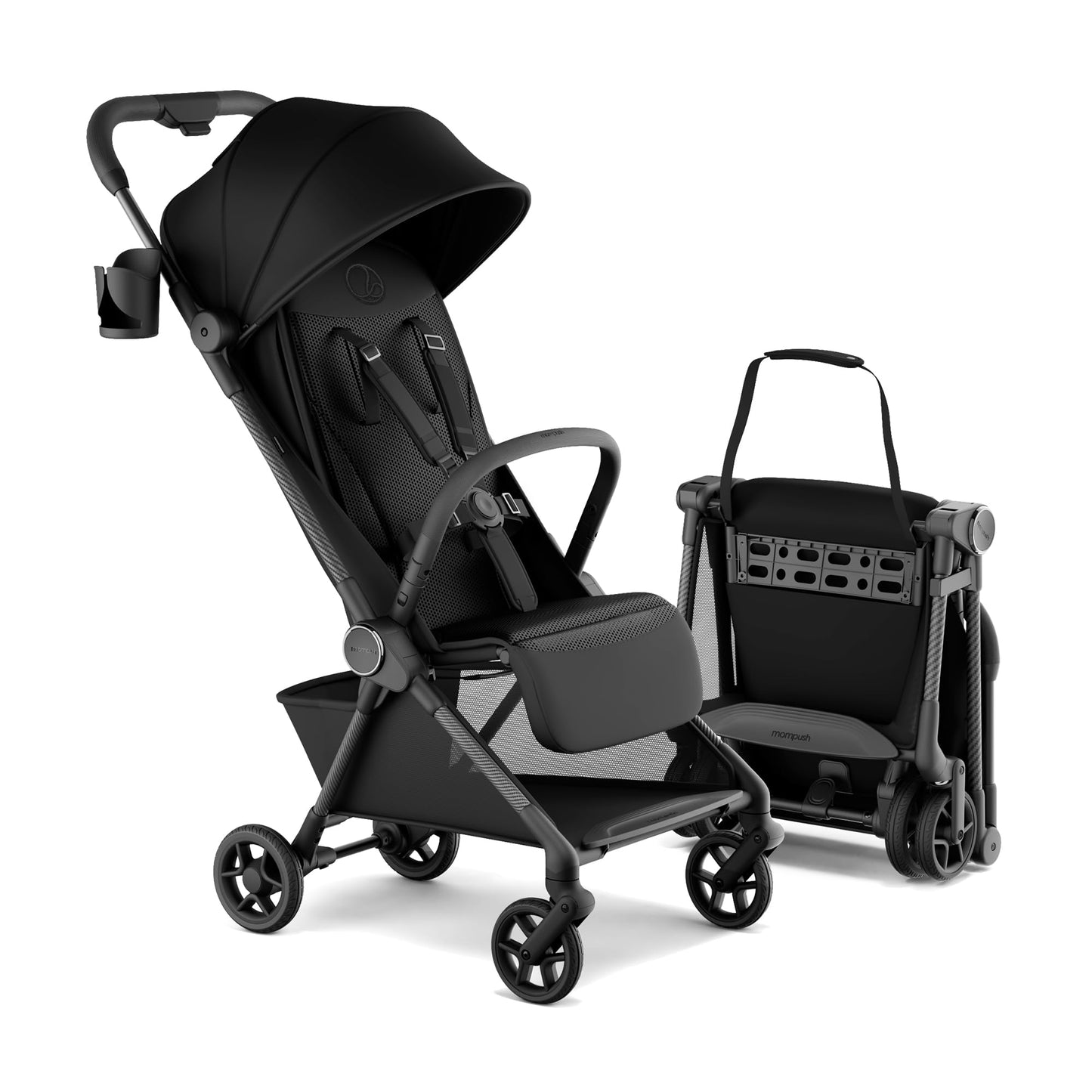 Mompush Nexis Carbon travel stroller, ultra-lightweight 11.5 lbs, compact, auto-fold, full recline, suitable from birth to 50 lbs.