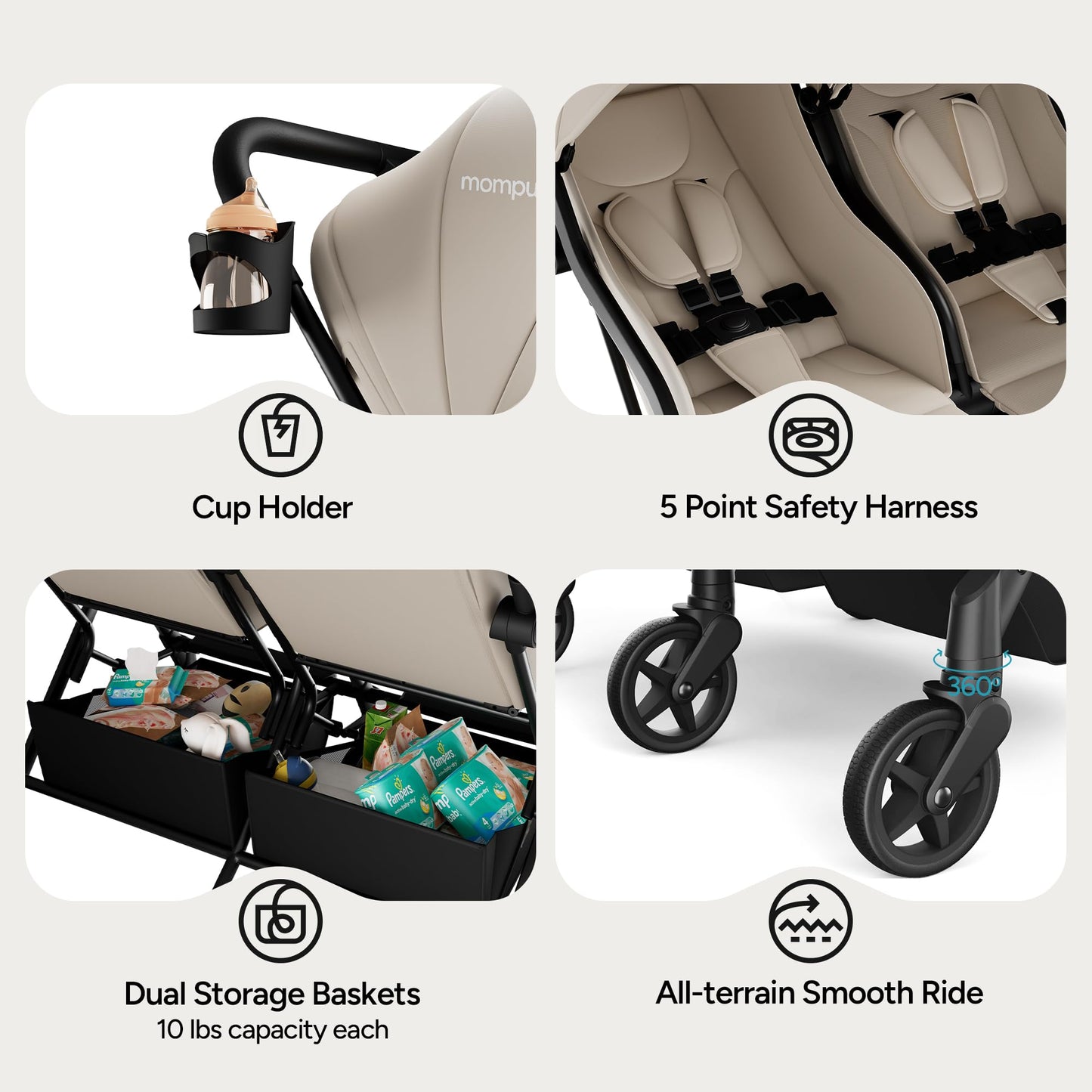 Mompush Lithe double stroller with lightweight design, spacious seats, recline, and UPF50+ canopy for newborn and toddler.