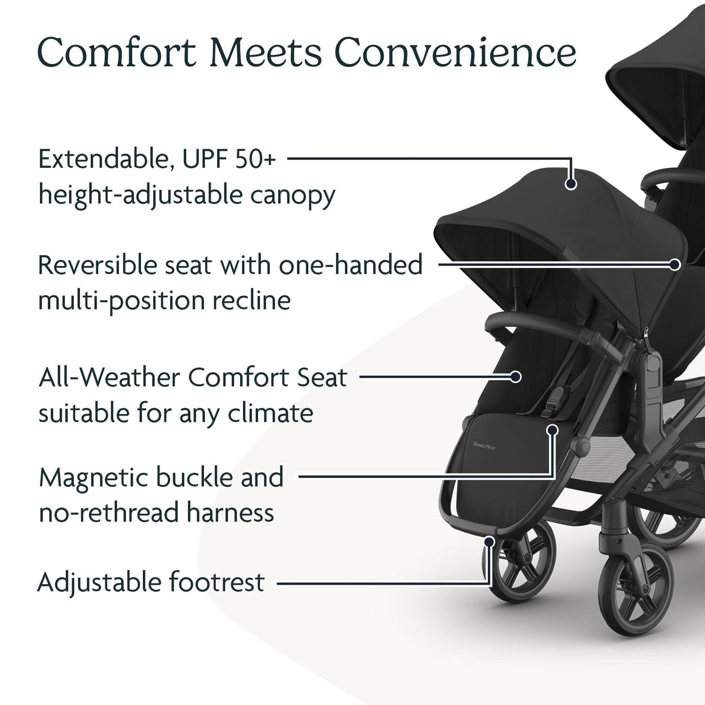 UPPAbaby RumbleSeat V3 second lower all-weather seat with magnetic buckle for Vista V2/V3 in Declan Oat Mélange with silver frame and Chestnut leather